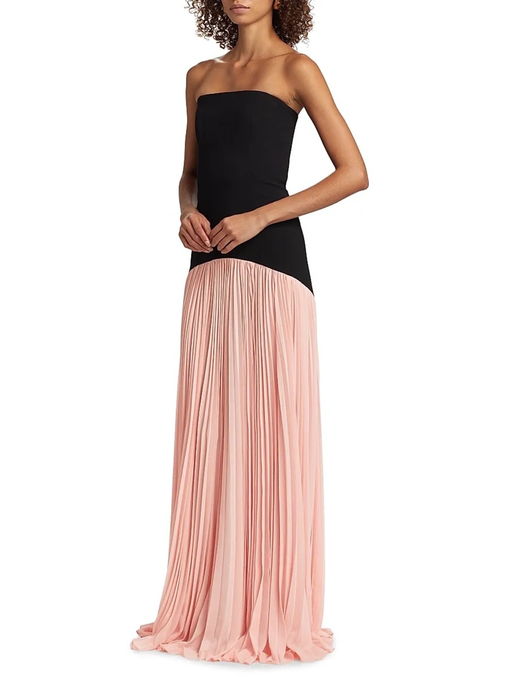 Monique Lhuillier Josette Black and Blush Strapless Pleated Gown